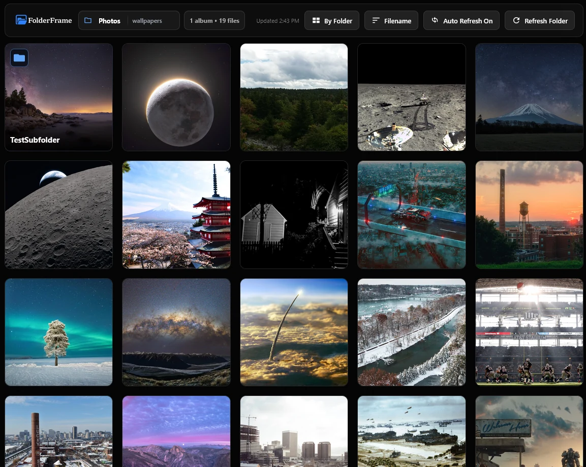 The FolderFrame gallery showing real photo thumbnails and folder albums